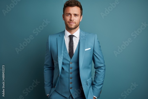 Photograph of a handsome young male model office worker or business man in a suit.