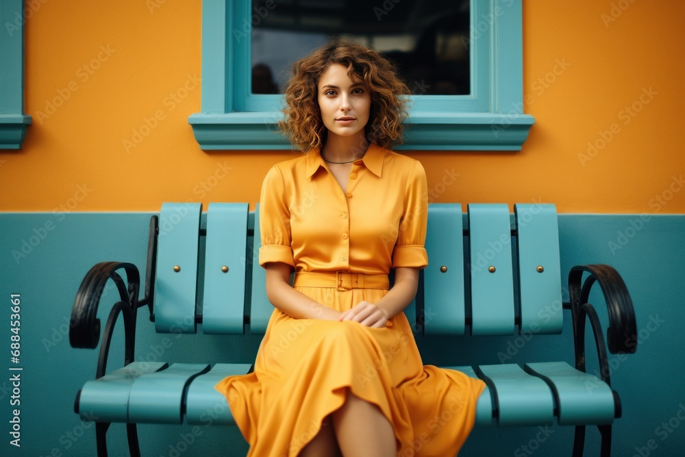 Young female model in a chic outfit sit happily in the colorful living room. Young female model in a chic outfit sit happily in the colorful living room.