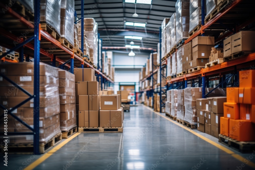 A warehouse full of shelves in boxes with pallets and forklifts. Logistics and transportation Blurred the background A warehouse full of shelves in boxes with pallets and forklifts. Logistics and transportation Blurred the background