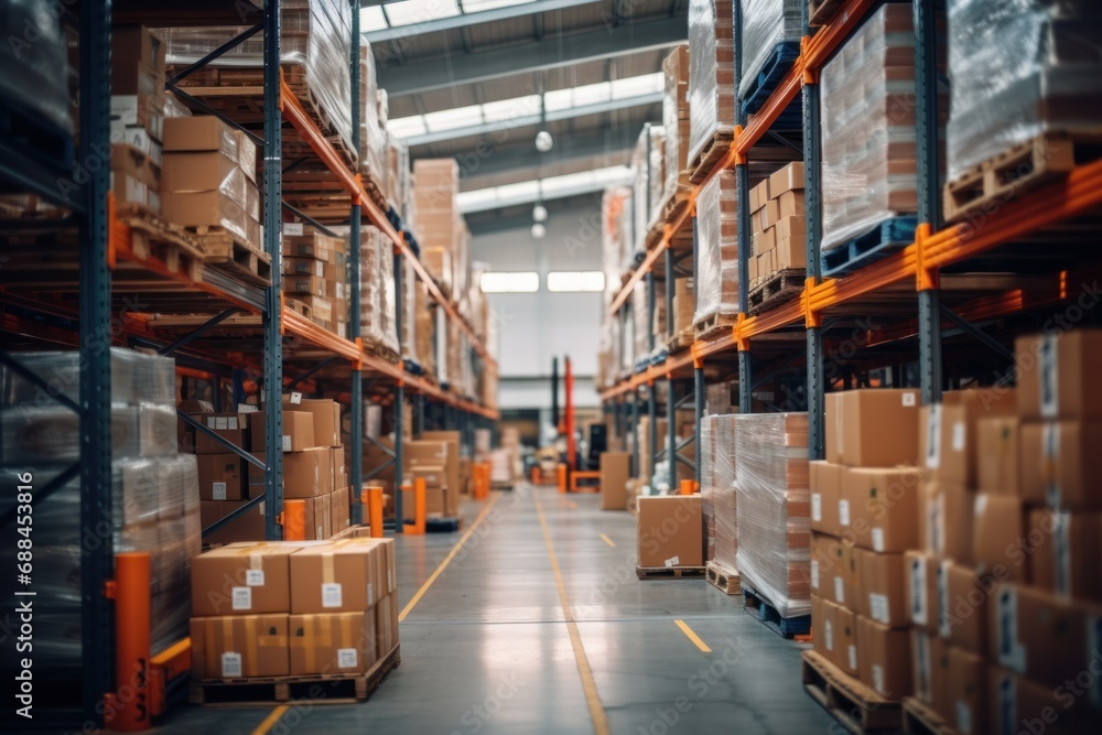 A warehouse full of shelves in boxes with pallets and forklifts. Logistics and transportation Blurred the background A warehouse full of shelves in boxes with pallets and forklifts. Logistics and transportation Blurred the background