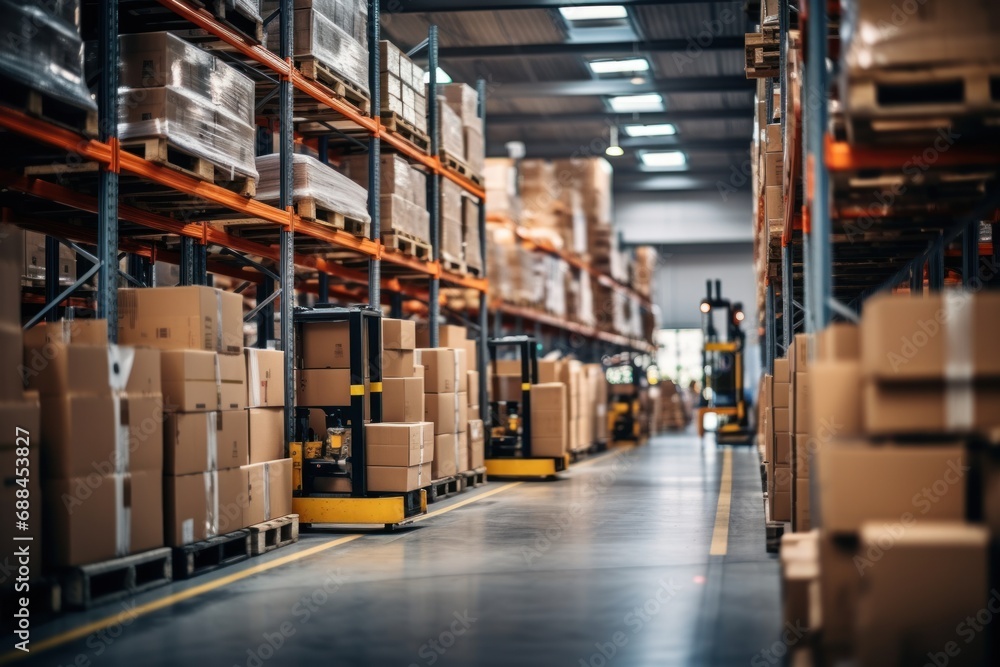 A warehouse full of shelves in boxes with pallets and forklifts. Logistics and transportation Blurred the background - obrazy, fototapety, plakaty 