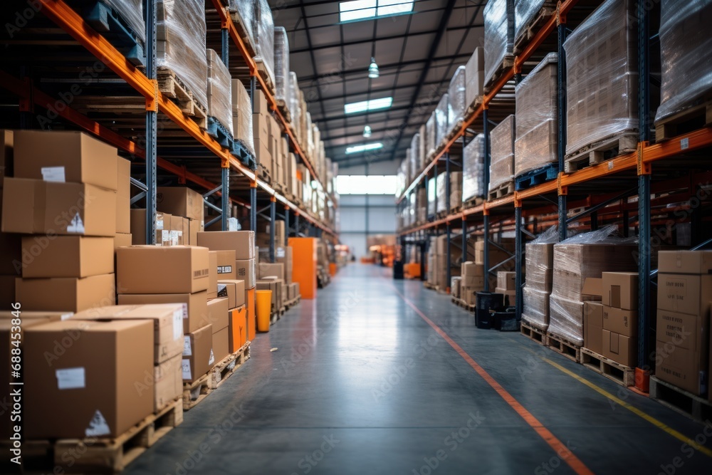 A warehouse full of shelves in boxes with pallets and forklifts. Logistics and transportation Blurred the background A warehouse full of shelves in boxes with pallets and forklifts. Logistics and transportation Blurred the background