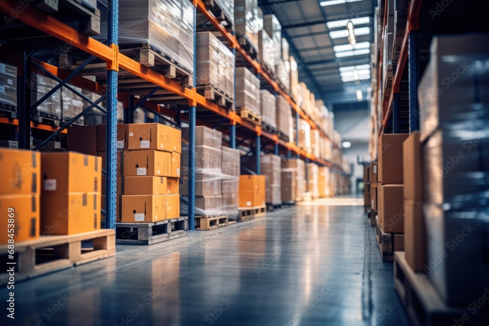 A warehouse full of shelves in boxes with pallets and forklifts. Logistics and transportation Blurred the background