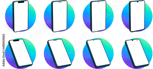 Phone 3d perspective mockup. Color iphone brand interface display with minimal copy space vector pattern. Touch screen ui interface.