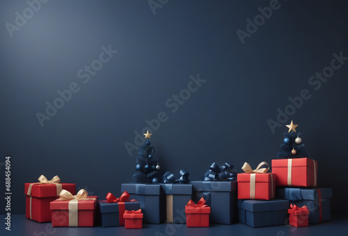 Christmass background for Hollidays. Birthday Christmas theme, Christmas tree on a dark blue background with colorful gifts  photo