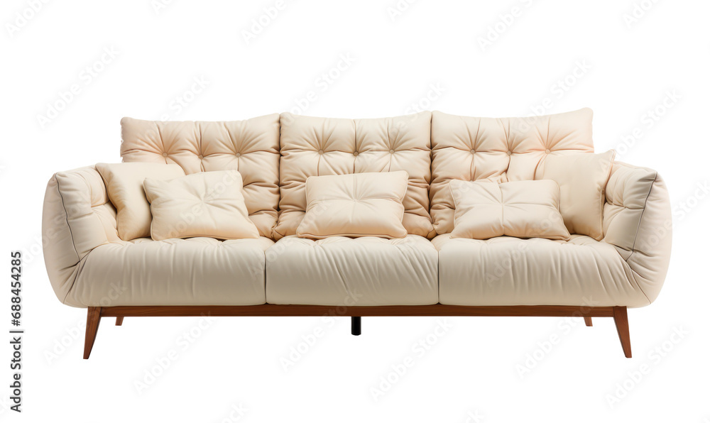 Elegant cream tufted fabric sofa with plush cushions and wooden legs on a clean transparent background.