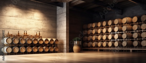Modern wine cellar with oak barrels at loading dock.