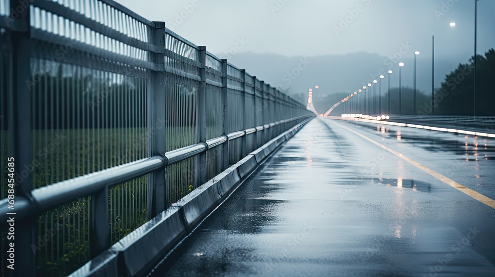Steel Fence In Rainy Day With High Traffic Road