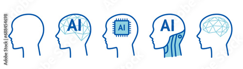 思考するAI (Artificial Intelligence) の横顔イメージイラストセット