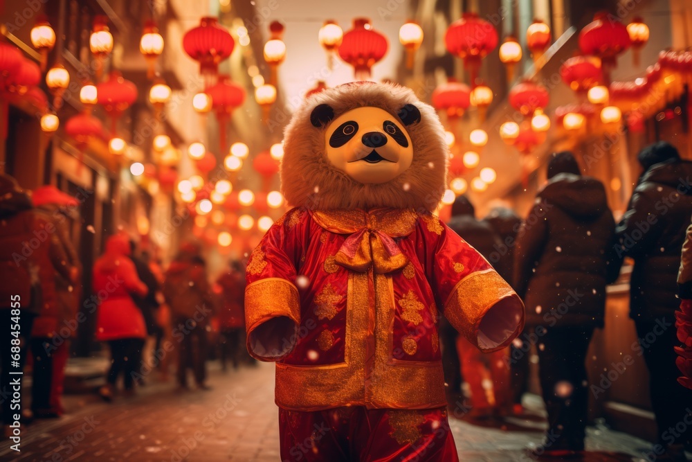 A bear, dressed in Chinese costume, enjoys the New Year amid red lanterns. Fireworks light up the sky, celebrating the start of the Chinese New Year.