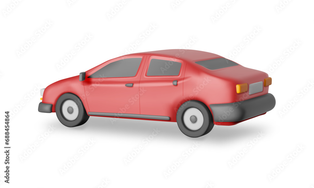 3D Red Car Vintage Model Isolated. Render Bright Realistic Car. Classic Sedan Motor Vehicle. Plastic Toy Auto. Advertising For Driving School Carsharing and Repair Service. Cartoon Vector Illustration