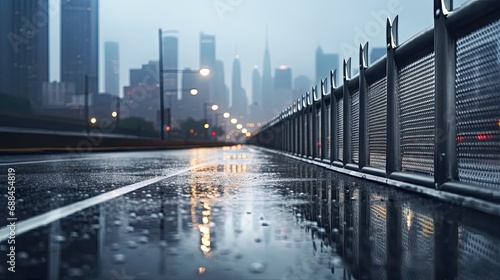 Steel Fence In Rainy Day With High Traffic Road