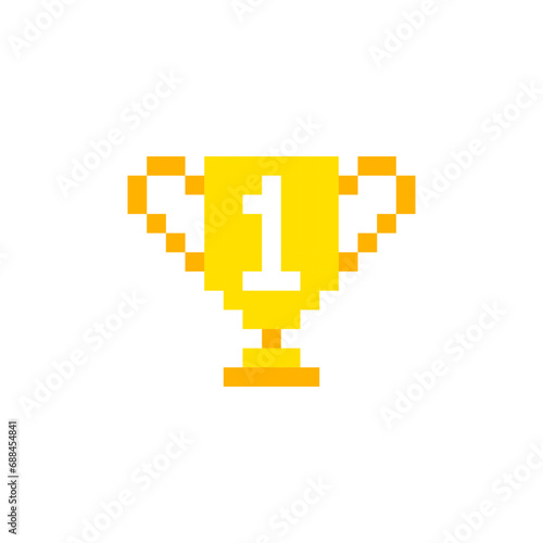 8 bit winner cups. gold, cup. Vector illustration. cartoon drawing. White background. Isolated object. Pixel golden trophy, the winner trophy cup pixel art. 8 bit pixel sports cup.