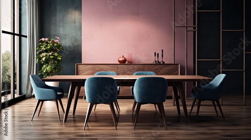Interior of a dining room with pink walls  wooden cabinet  wooden table and chair. Created with Ai
