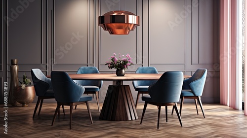 Luxury dining room interior with grey walls, wooden floor, round table and chairs. Created with Ai