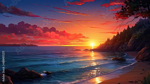 Summer sunset over sea shore