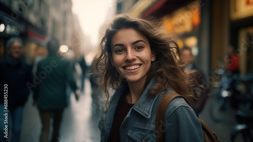 A hyper-realistic smiling girl, standing on a bustling city street, surrounded by a dynamic urban environment with people in motion, capturing the lively energy of the city © LaxmiOwl