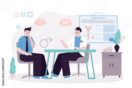 Man with health problems reproductive tract disorders undergoing medical examination with andrologist. Medical care, patient talk with doctor in office room.