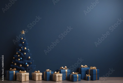 Christmass background for Hollidays. Birthday Christmas theme, Christmas tree on a dark blue background with colorful gifts 