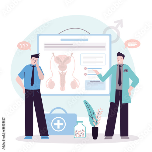 Urologist examines male genitourinary system. Doctor talking with patient. Diagnosis of prostatitis or sexual dysfunction. Andrologist engaged treatment
