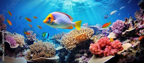 Stunning underwater world with corals, tropical fish, and a photo of a fish on a coral reef. photo