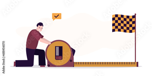 Smart businessman using measuring tape to measure and analyze distance from target. Male employee measures distance to completion of the task,