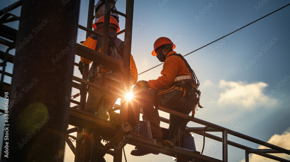 Electrician lineman repairman worker at climbing work on electric post power pole - obrazy, fototapety, plakaty 