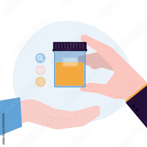 Urine analysis. Patient give nurse jar with urine analysis. Pee sample in plastic box. Medical sample in glass test tube. Laboratory container. Health care, medical banner.