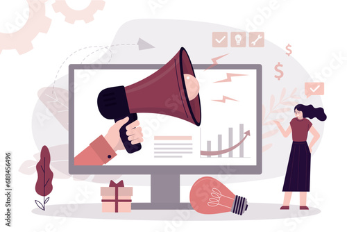 Business woman make promotion advertising project to attract customers, make an announcement with special application. Hand holds megaphone on monitor screen