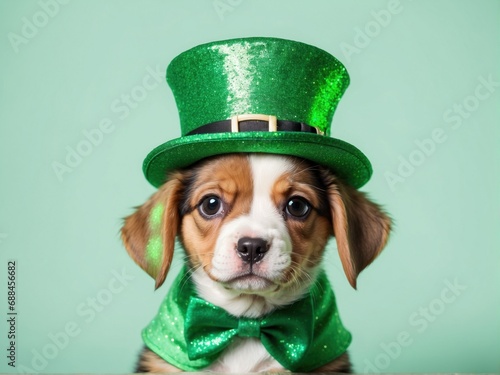 Cute puppy in an Irish hat, St. Patrick 's Day concept. AI generated © Mystery