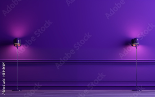 Purple neon wall mock up with copy space in modern style with purple parquet and modern lamps