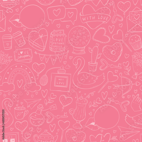 Valentine s day seamless pattern with monochrome doodles on pink background for wallpaper  textile prints  scrapbooking  stationary  wrapping paper  etc. EPS 10
