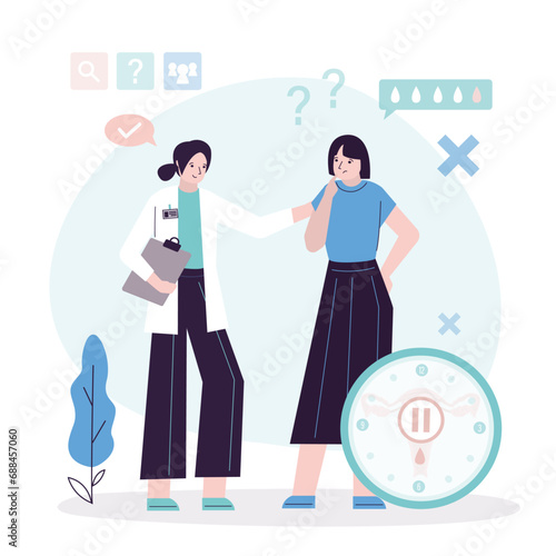 Woman patient talking with doctor gynecologist about menopause. Biological clocks, limited fertility. Medical concept, feminine age. Climacteric. Menstrual periods. Aging process