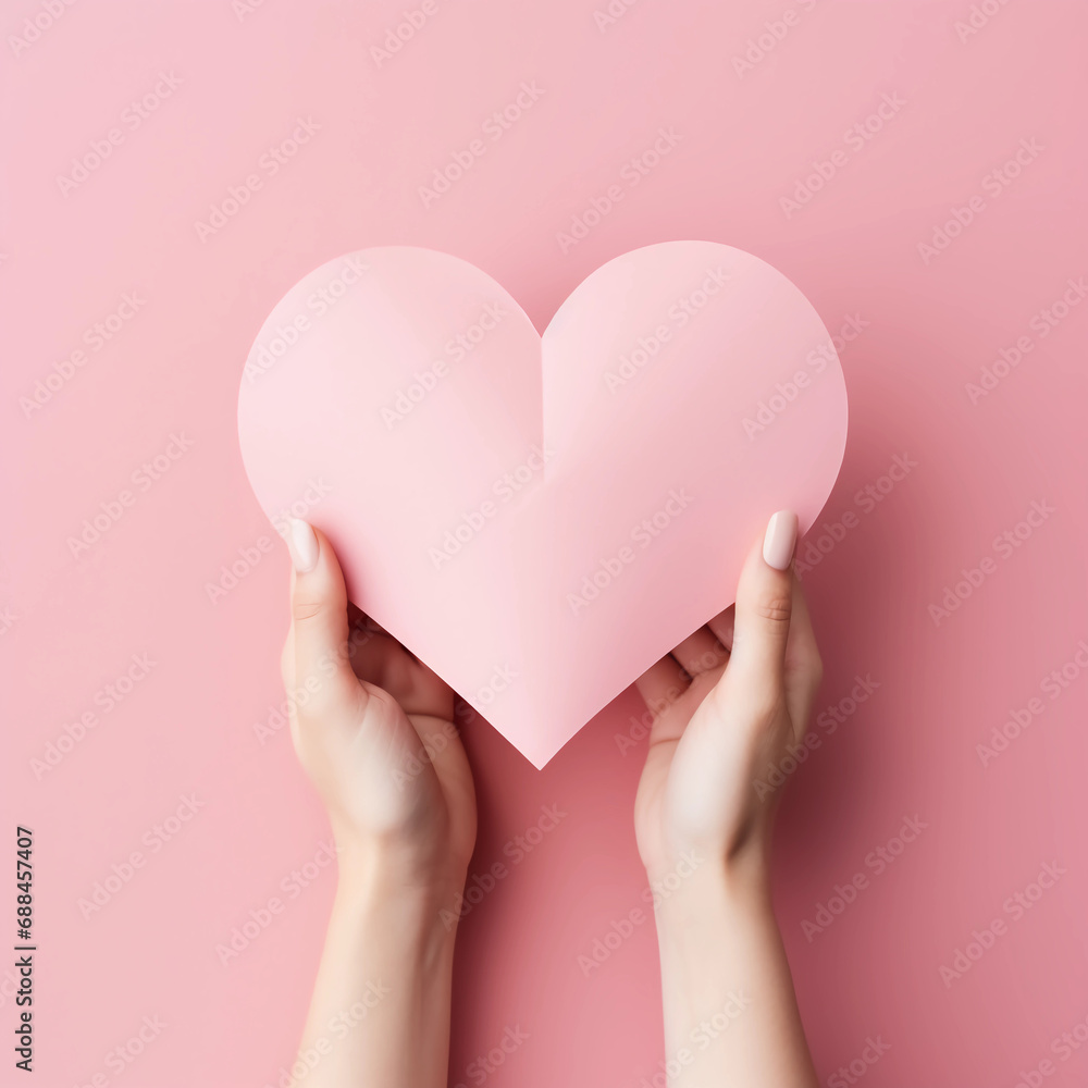 Woman hands holding pink paper heart shape for Happiness moment, Health care, Birthday card, Anniversary, Donate, Hope, Kindness, Valentine's day concept, Generative AI. Woman hands holding pink paper heart shape for Happiness moment, Health care, Birthday card, Anniversary, Donate, Hope, Kindness, Valentine's day concept, Generative AI.