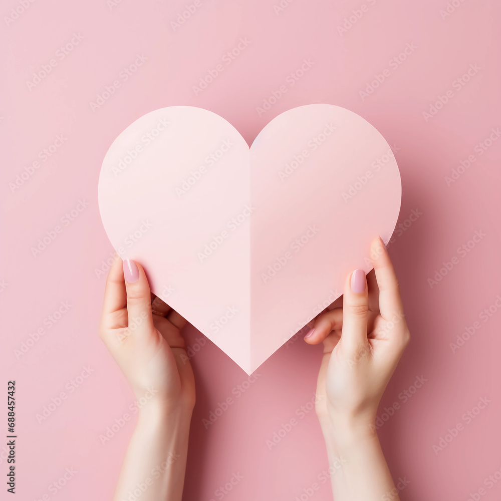 Woman hands holding pink paper heart shape for Happiness moment, Health care, Birthday card, Anniversary, Donate, Hope, Kindness, Valentine's day concept, Generative AI. Woman hands holding pink paper heart shape for Happiness moment, Health care, Birthday card, Anniversary, Donate, Hope, Kindness, Valentine's day concept, Generative AI.