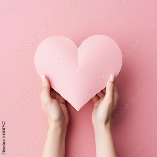 Woman hands holding pink paper heart shape for Happiness moment, Health care, Birthday card, Anniversary, Donate, Hope, Kindness, Valentine's day concept, Generative AI.