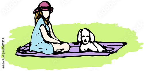 A girl in a dress and a hat is resting in the summer with a dog on a rug in the park. Simple color drawing