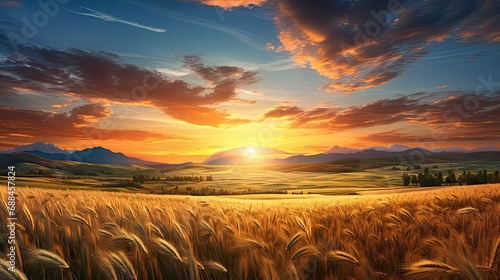 Tranquil meadow rolling wheat sunset paints nature beautiful