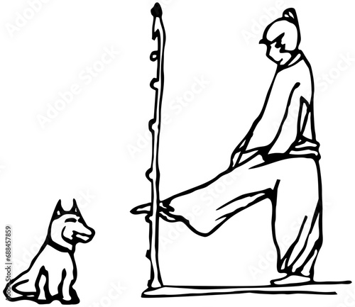 The dog is waiting for the hostess at the workout outdoor playground. Girl doing stretching  in trousers on a ladder simulator. Line art drawing.