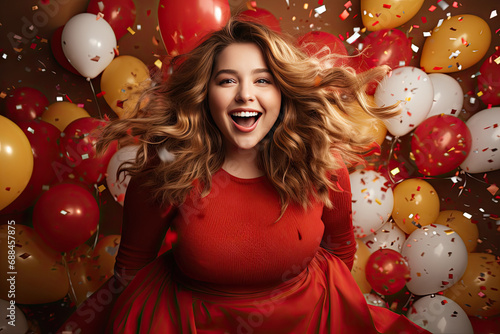 Happy plus size woman wear red dresses at the party, decorated with balloons and confetti photo