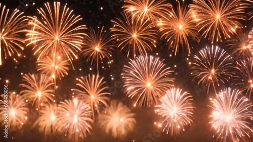 loop seamless of real fireworks background. abstract blur of real golden shining fireworks with bokeh lights in the night sky 4k footage