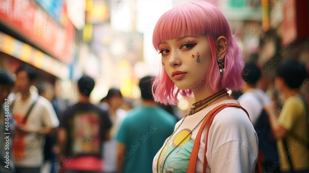 Pink-Haired Woman with Piercings in a Crowded Street