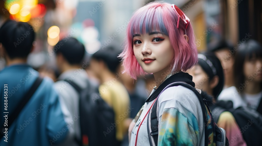 Stylish Woman with Pink Hair and Backpack Walking on a City Street Stylish Woman with Pink Hair and Backpack Walking on a City Street