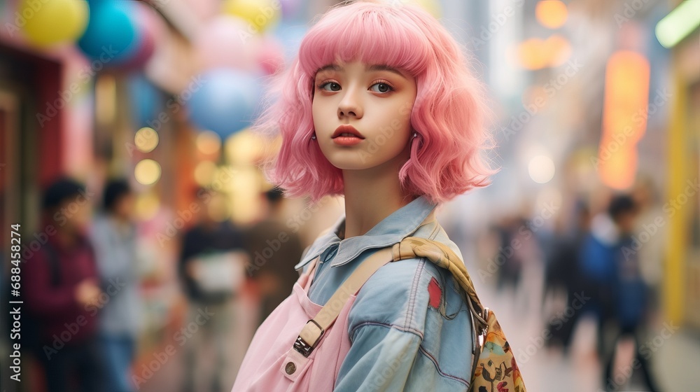 Obraz premium Pink-Haired Woman with Backpack on City Street