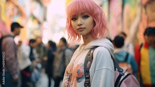 Pink-Haired Woman Standing in a Crowded Street