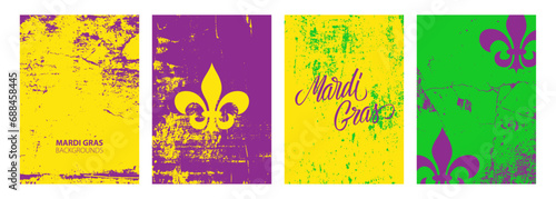 Mardi Gras backgrounds for Fat Tuesday holiday greetings with grunge textures, lettering and Fleur De Lis sign. Vector Illustration.