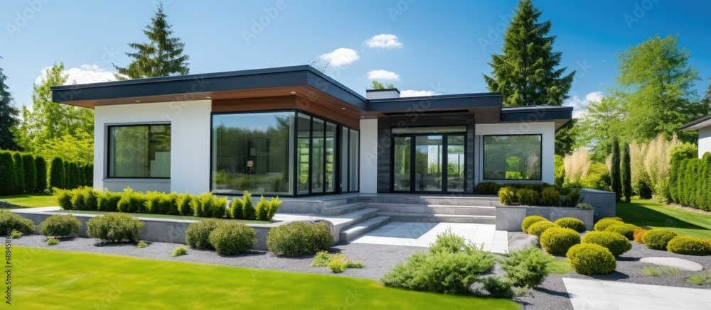 Contemporary suburban home with simple green garden.