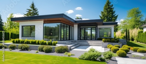 Contemporary suburban home with simple green garden. photo
