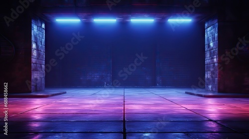 rendering 3d stage background room concrete grunge empty dark lights glowing purple blue panel big studio led neon cyber futuristic elegant modern fi sci threedimensional