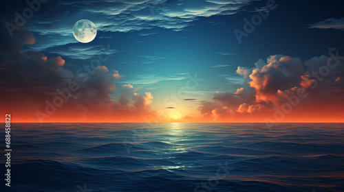 A full moon rising over the ocean © Natia